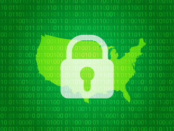 Map of United States. illustration with lock and binary code background. internet blocking,virus attack, privacy protect